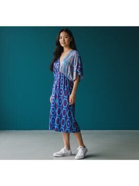 Custo Barcelona Geometric Print Dress Purple Blue Kimono Sleeve Empire Waist S